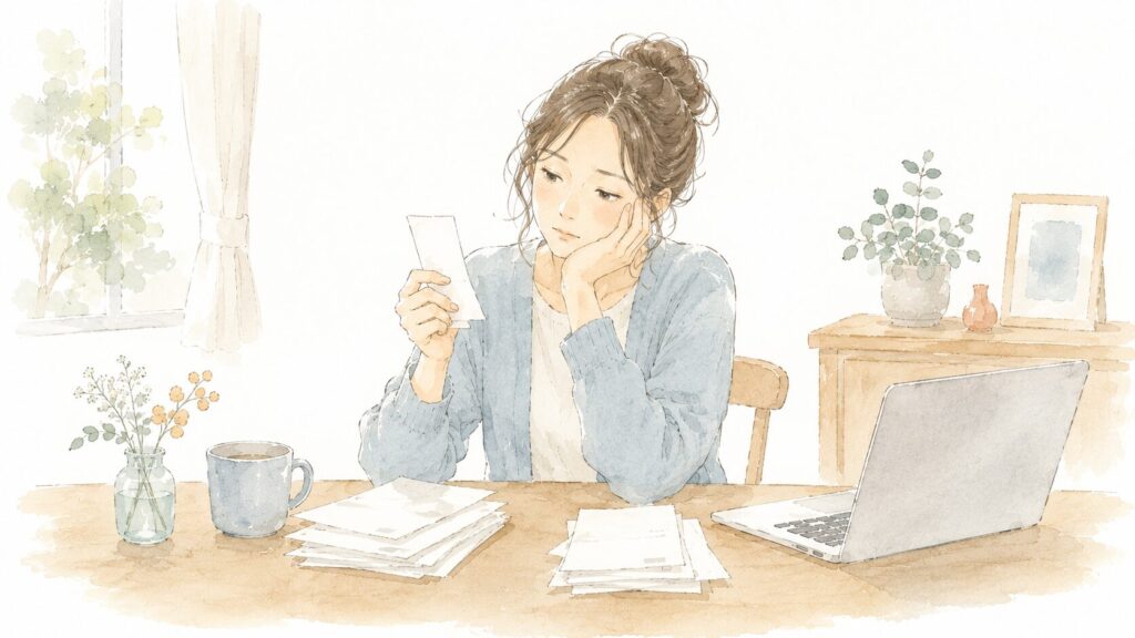 確定申告の書類と領収書を整理する女性