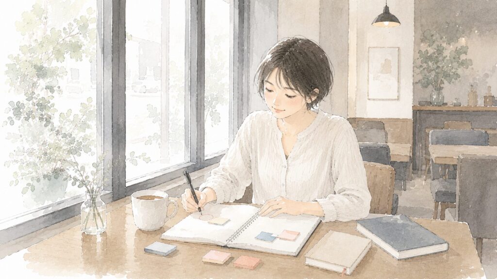 ノートに付箋を貼りながらキャリアの棚卸しをする女性